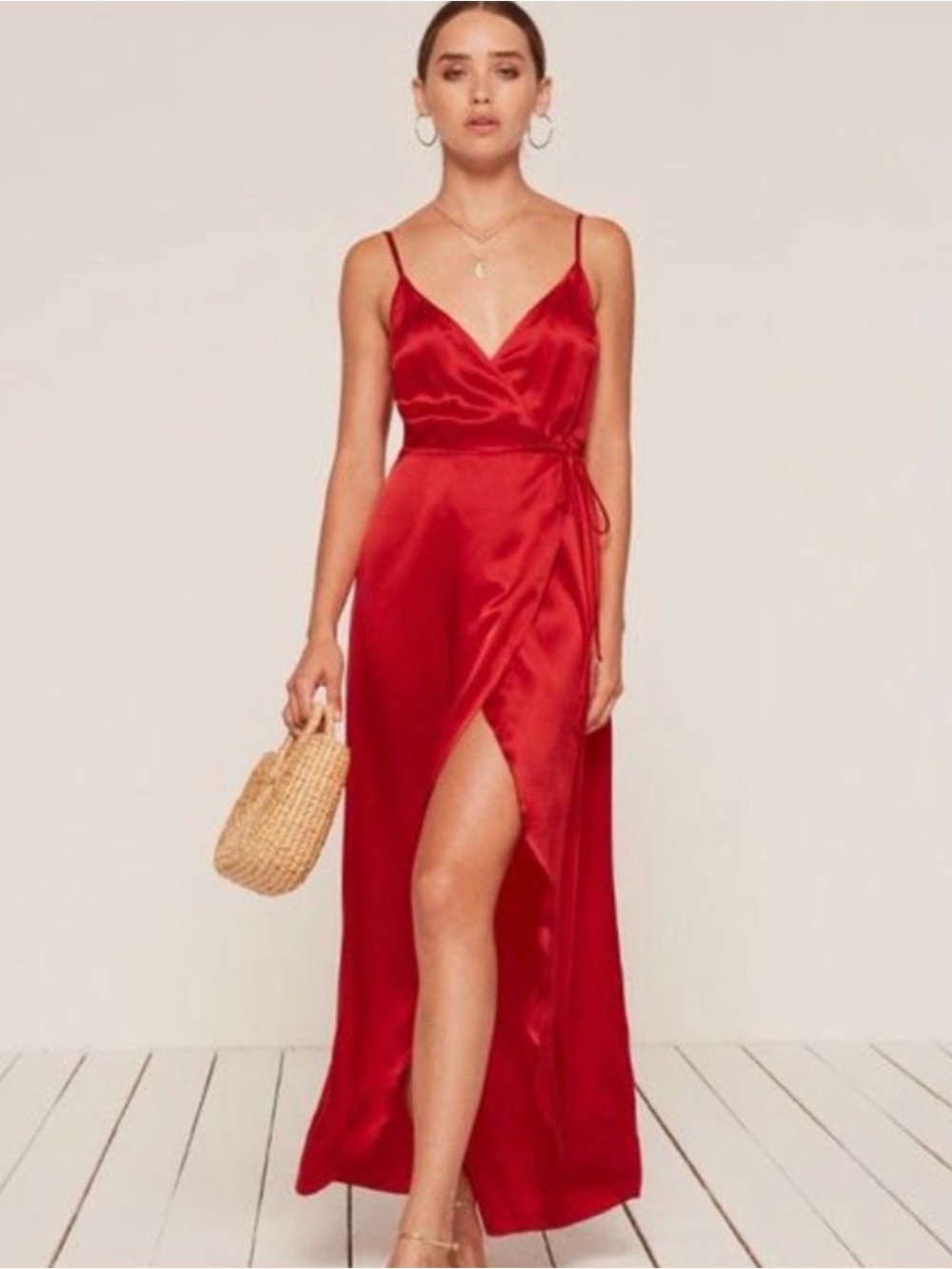 Reformation Red Silk Wrap Maxi Dress